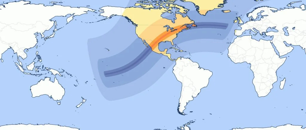 Карта видимости солнечного затмения 8 апреля 2024 года.