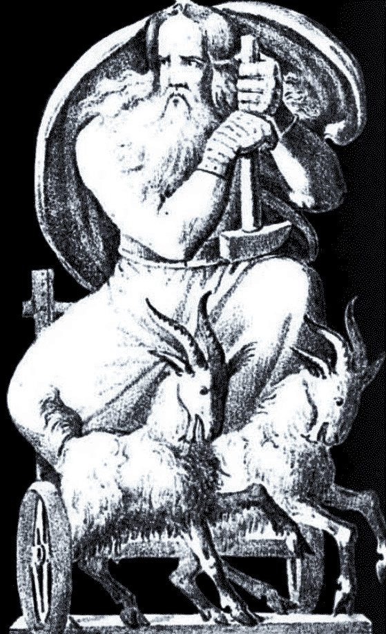 Мифология Козы Таннгриснир и Таннгнйостр тянут колесницу бога Тора. Иллюстрация 1832 года